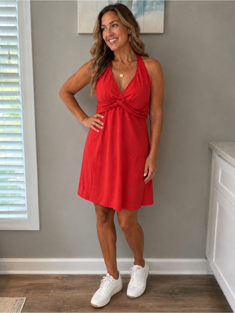 Athleta Tara Halter Swim Dress flattering halter neckline w/knot-front detail.